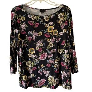 J. Jill WearEver Collection Black Floral‎ Print Petite M Long Sleeve Tunic Top